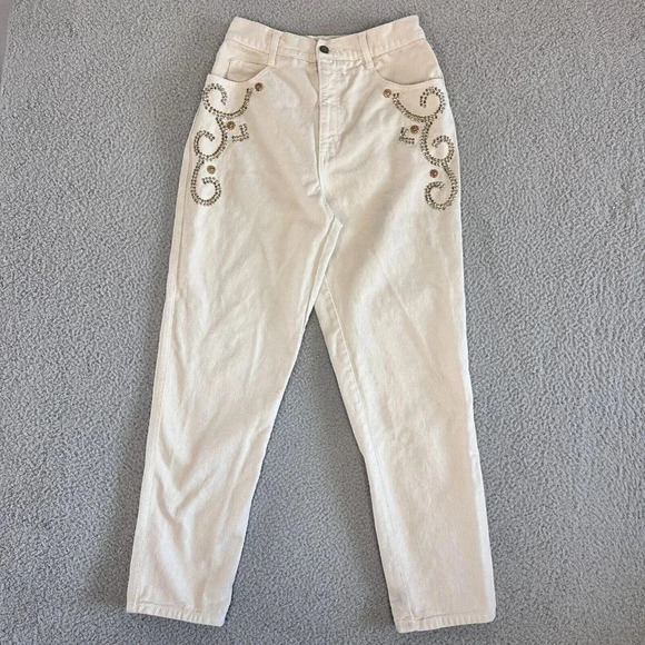 Vintage 80s Jeans Womens 11 / 12 High Waist Embellised Beads Bling USA Studs - Picture 1 of 14
